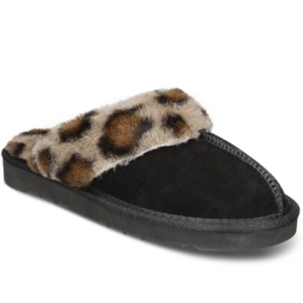 Style & Co Genuine Suede Uppers Black Leopard Print Causal Slippers Sizes 10 ,11